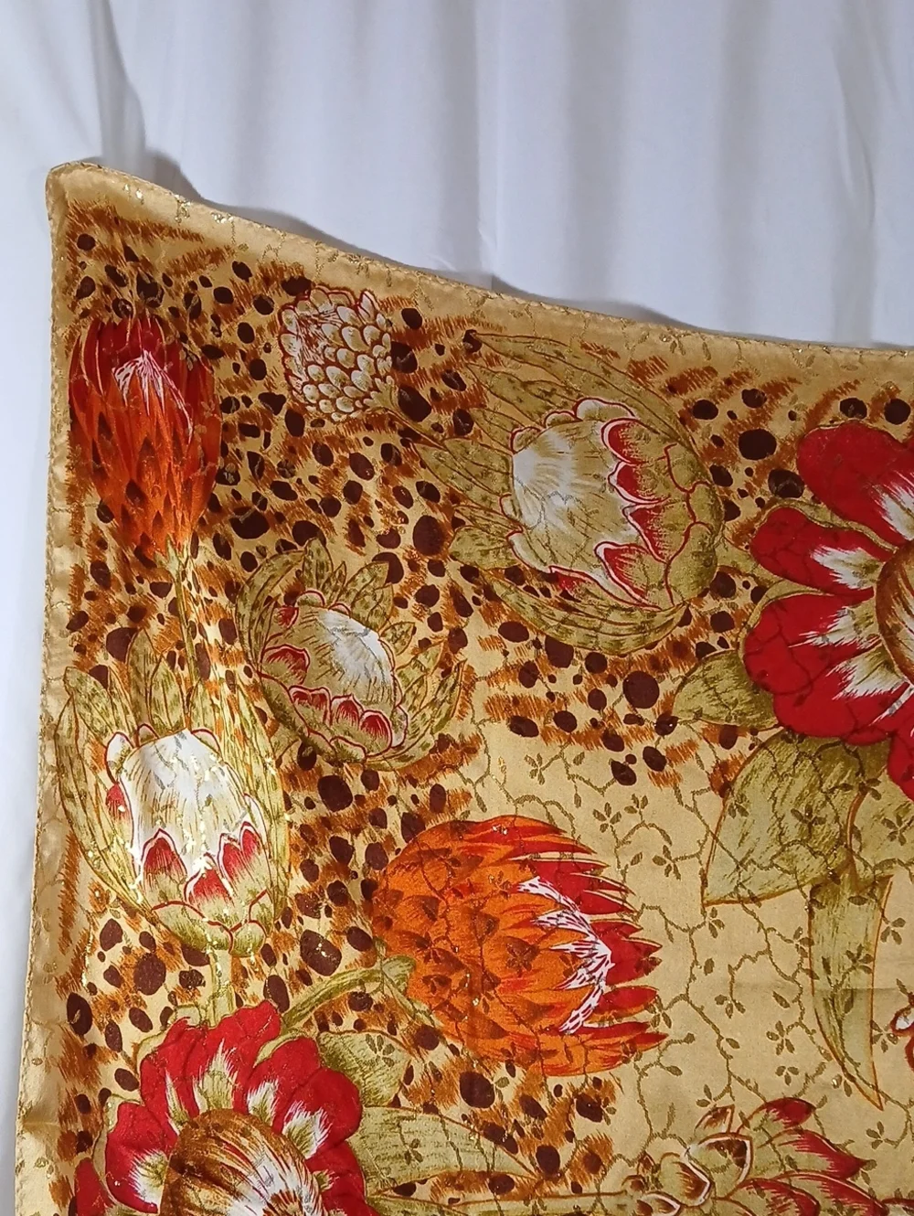 Womens Floral Silk Scarf Metallic Gold 34 Inch Square Orange Red